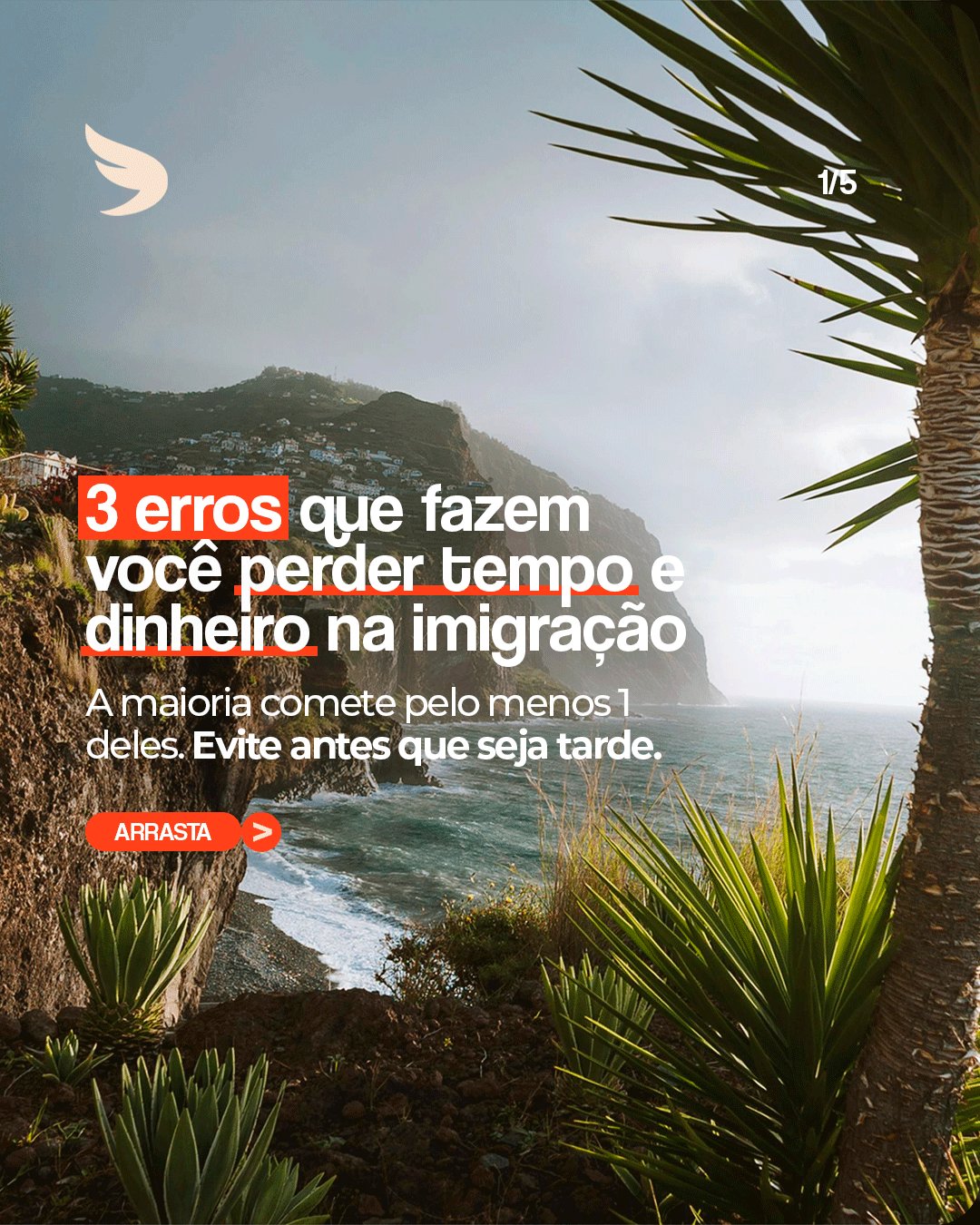 Capa: costa com mar e vegetação, com o título 3 erros que fazem você perder tempo e dinheiro na imigração