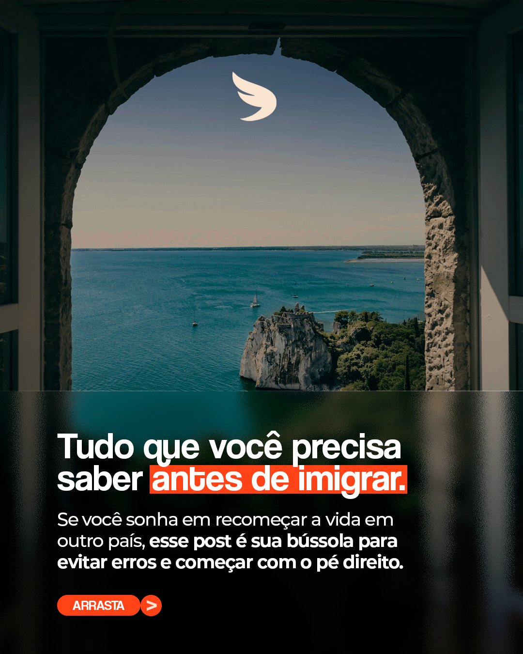 Capa: vista do mar através de um arco de pedra, com o título Tudo que você precisa saber antes de imigrar