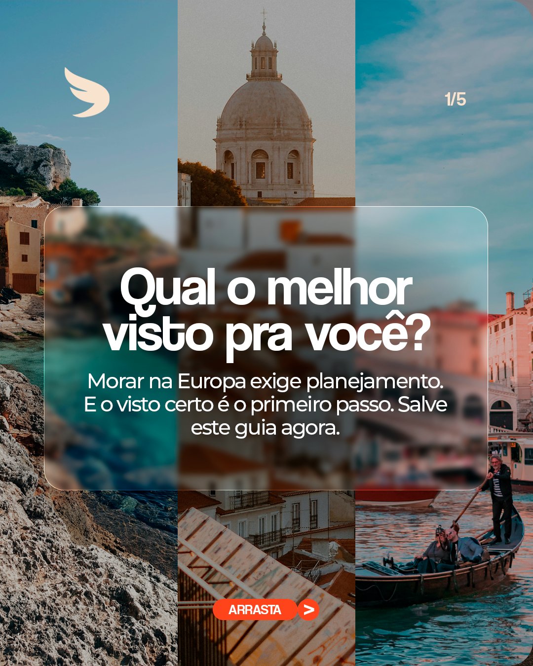 Capa: mosaico de faixas verticais com paisagens da Europa e cartão de vidro com o título Qual o melhor visto pra você?