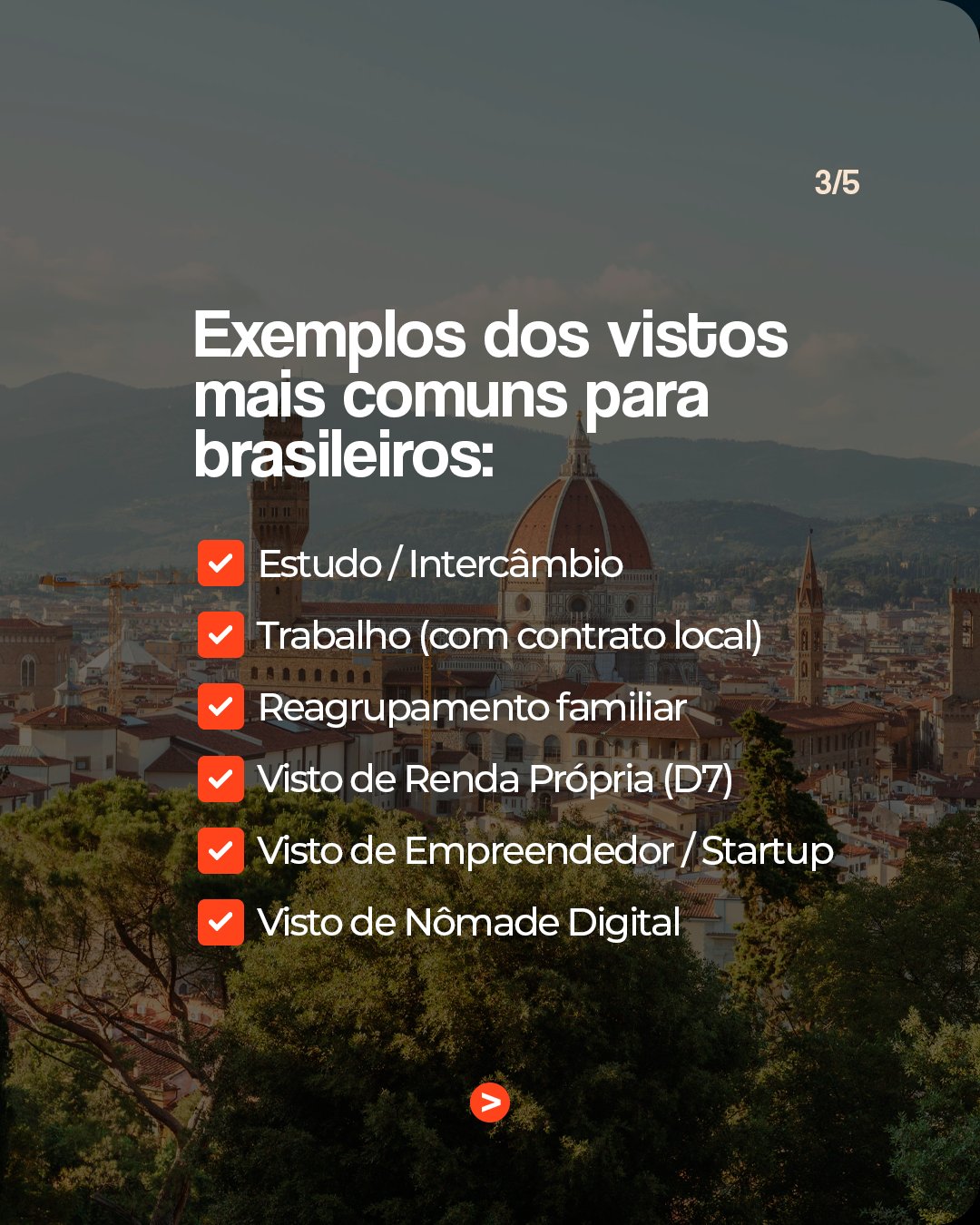 Tela 3: lista dos vistos mais comuns para brasileiros com caixas marcadas em laranja sobre uma cidade europeia
