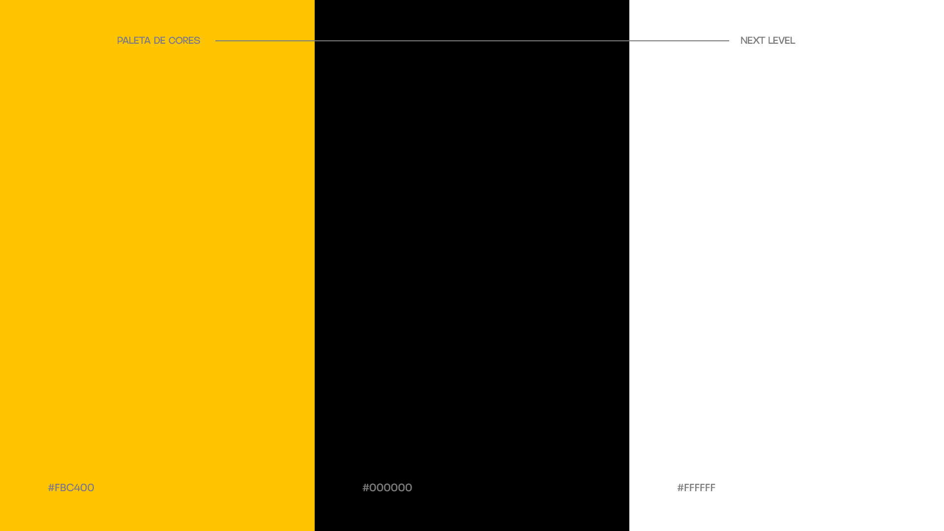 Paleta de cores: amarelo #FBC400, preto #000000 e branco #FFFFFF