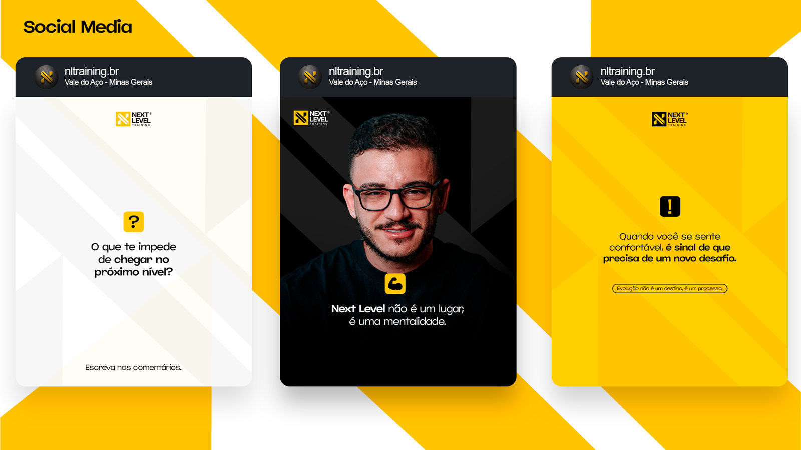 Três posts de Instagram da Next Level em fundo branco, preto e amarelo
