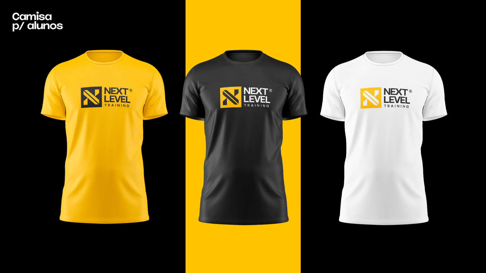 Camisetas amarela, preta e branca para alunos, com a assinatura no peito
