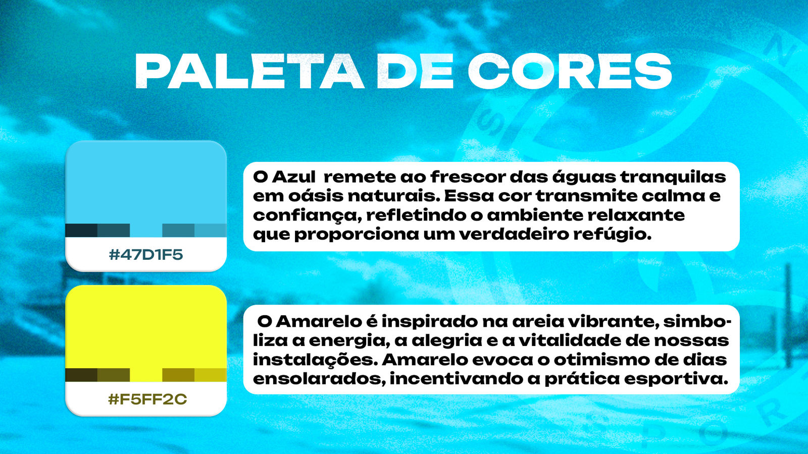Paleta de cores: azul #47D1F5 e amarelo #F5FF2C