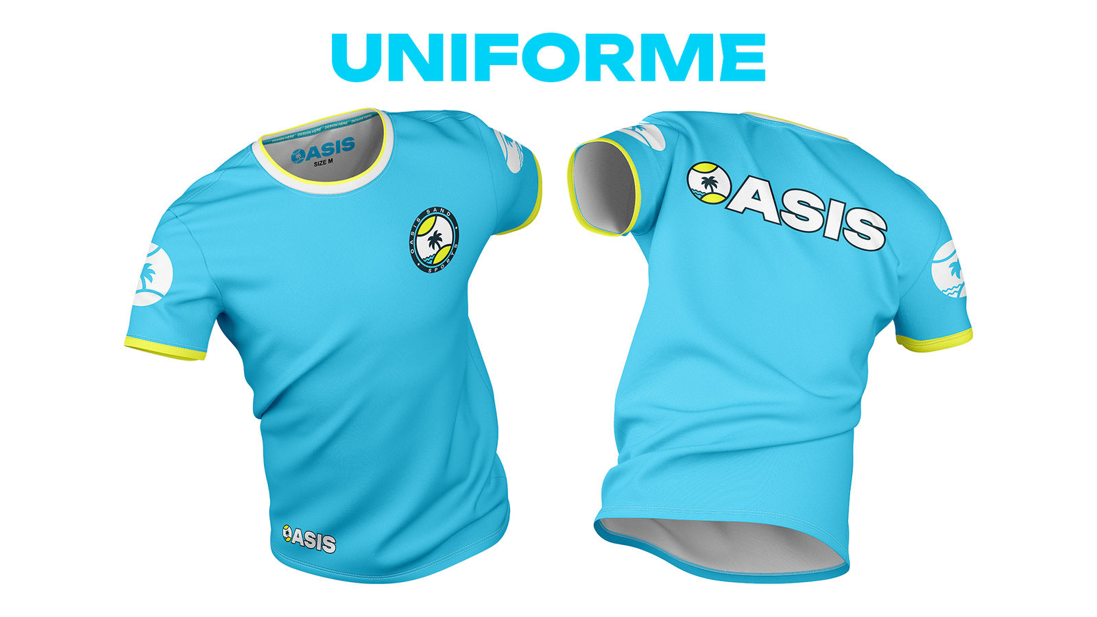 Camiseta azul do uniforme com acabamento amarelo, frente e costas