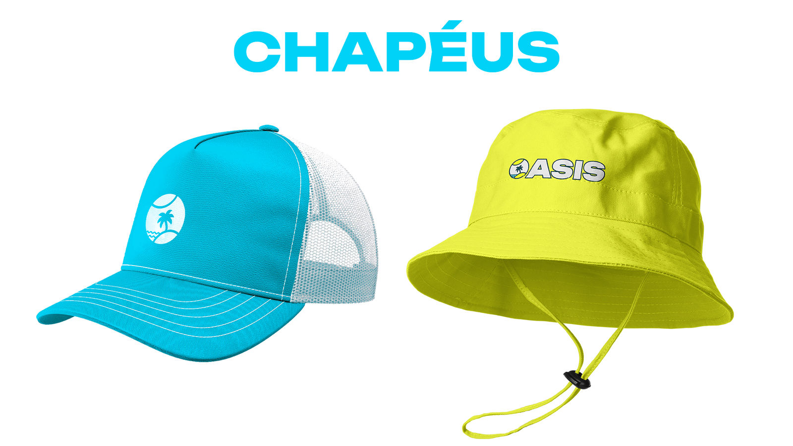 Boné azul com o símbolo e chapéu bucket amarelo com a assinatura