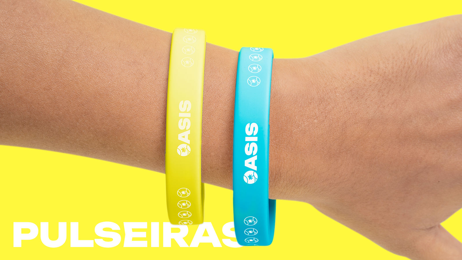 Pulseiras de silicone amarela e azul com a marca