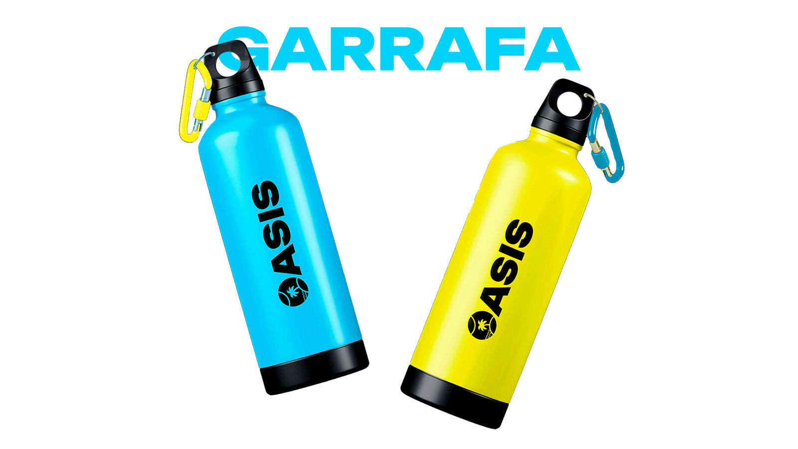 Garrafas azul e amarela com a assinatura na vertical