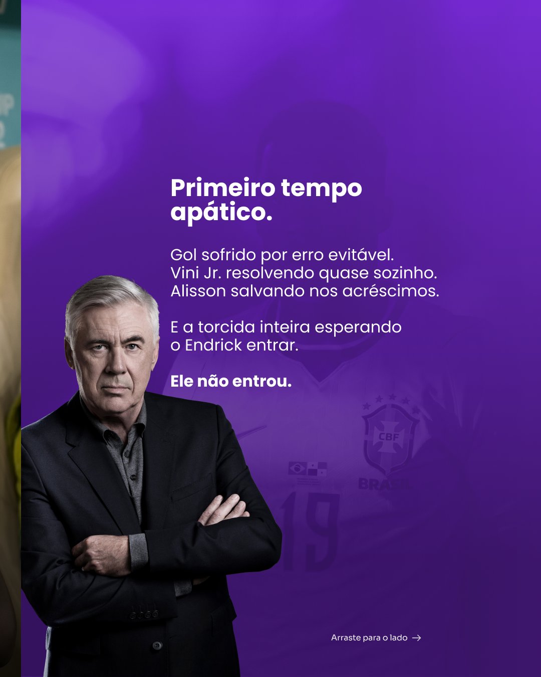 Tela 2: Primeiro tempo apático, com foto do técnico Carlo Ancelotti e o resumo do jogo