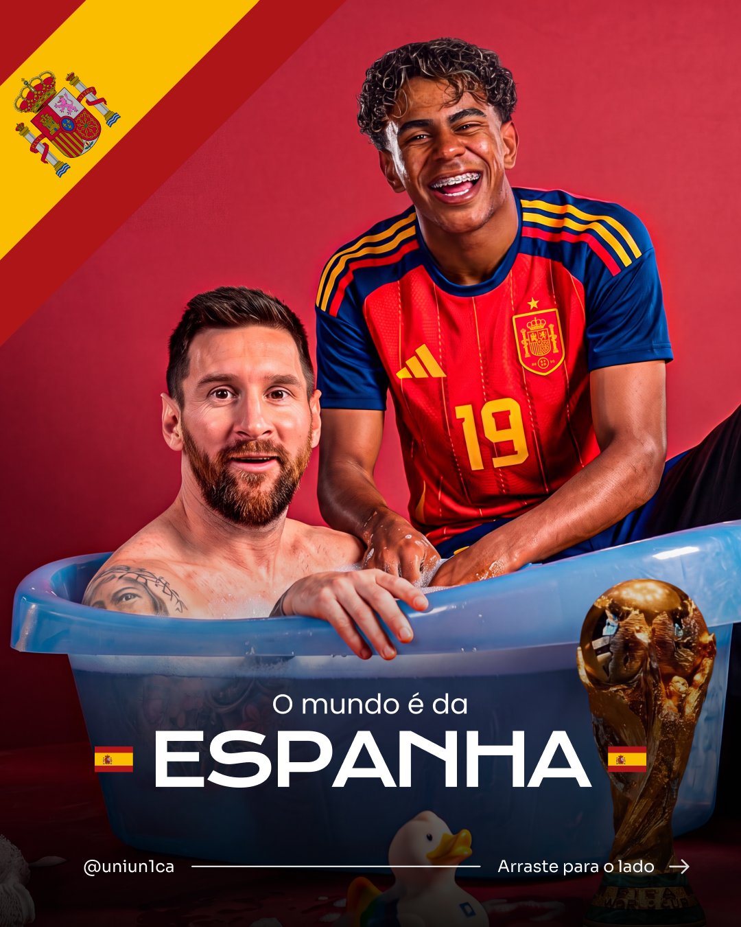 Capa: Lamine Yamal e Messi numa banheira de bebê, com a taça da Copa e o título O mundo é da Espanha